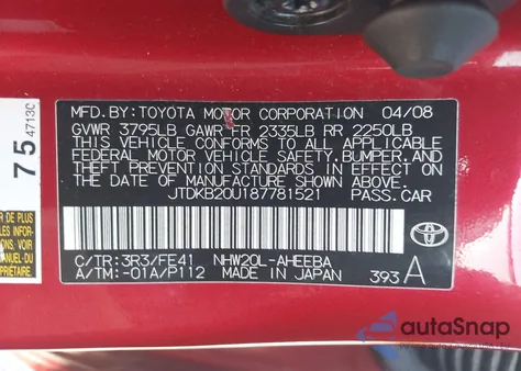 2008 Toyota Prius from USA, damaged, VIN JTDKB20U187781521